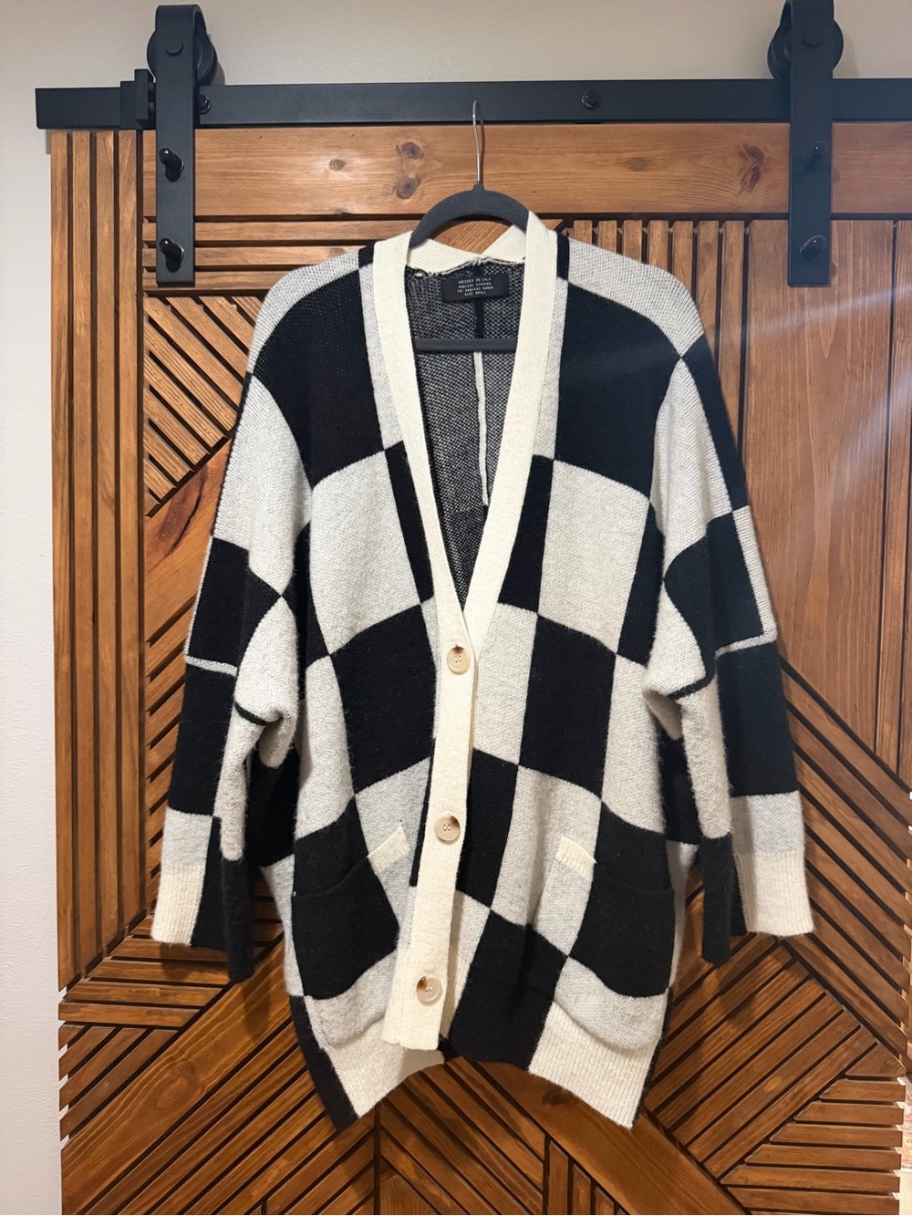 Dressed in LALA Checkerboard Oversized Button-Front Cardigan - Black & white